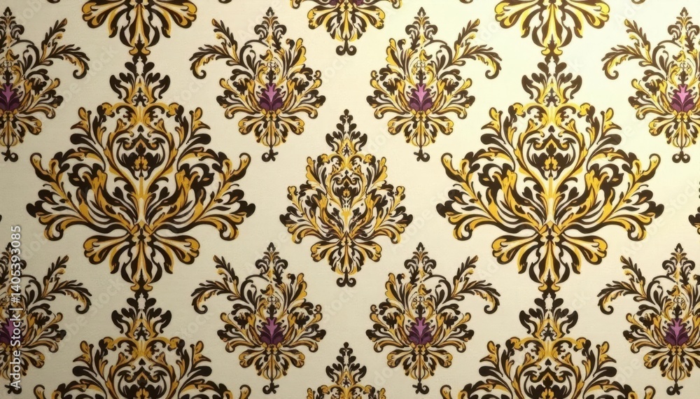 Intricate floral damask pattern in muted golds and creams , textile, antique Intricate floral damask pattern in muted golds and creams , textile, antique
