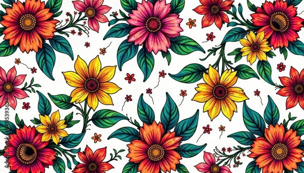 Intricate line art floral design, continuous pattern, black and white, repeating illustration, texture