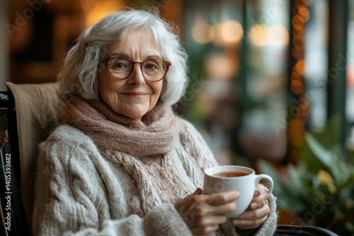 Happy senior woman on wheelchair holding a cup of tea