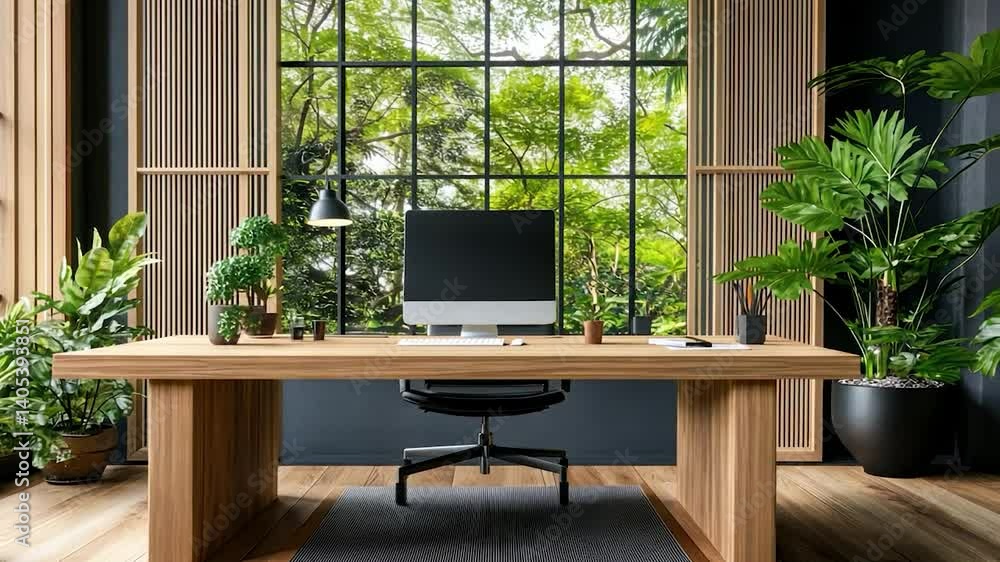 Modern Zen Workspace with Lush View Modern Zen Workspace with Lush View