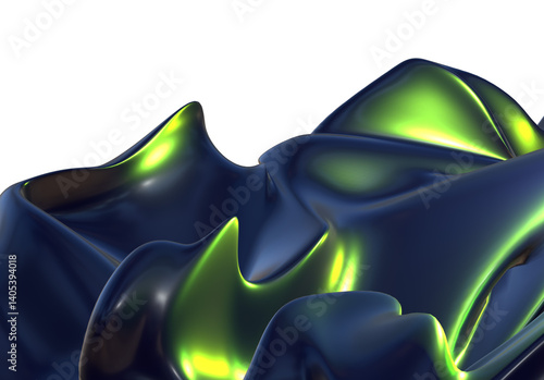 Green abstract 3D silk liquid chrome metalic blue color wave oil shiny flowing design render wallpaper silver background	
