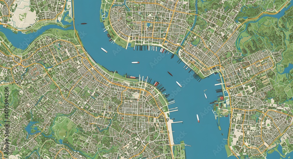 Obraz premium Detailed Coastal City Map with Harbor and Green Spaces