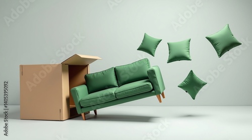 Creative concept of a green sofa and cushions exploding out of a cardboard box