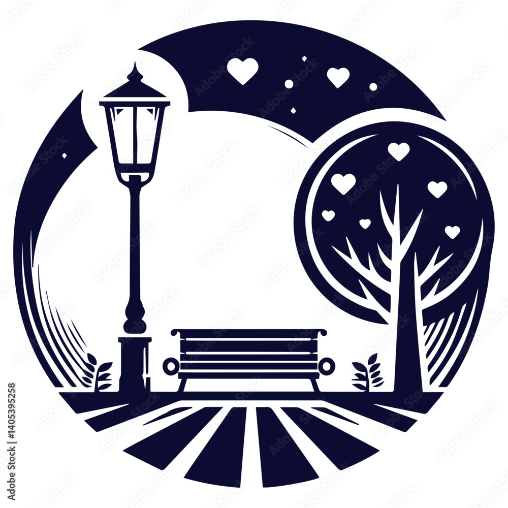 Fototapeta premium Captivating abstract lamp post with creative bench, tree, and love details