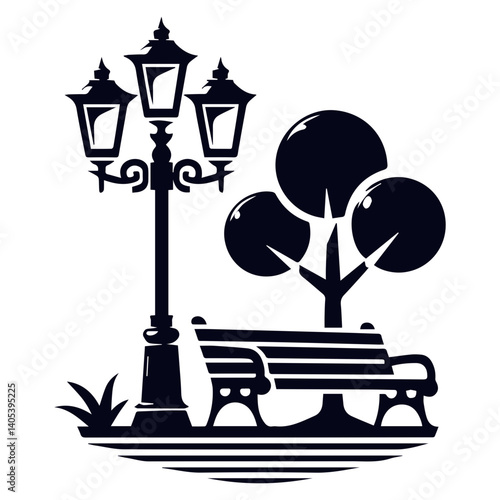Polished streetlight illustration showcasing minimalist tree, bench, and icon