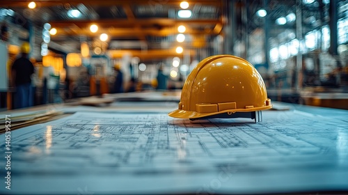 Bright yellow hard hat rests on blueprints in a busy factory.