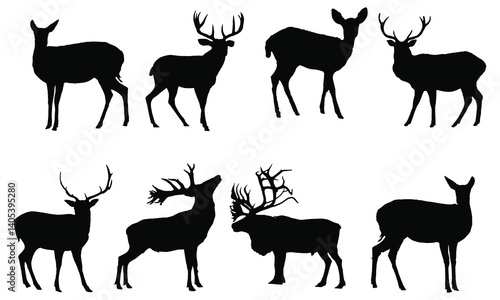 collection of deer silhouettes with antlers isolated on white