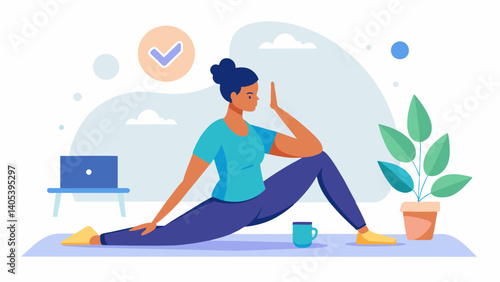 A person taking a break from work to do some stretching and deep breathing exercises relieving tension and promoting productivity.. Vector illustration