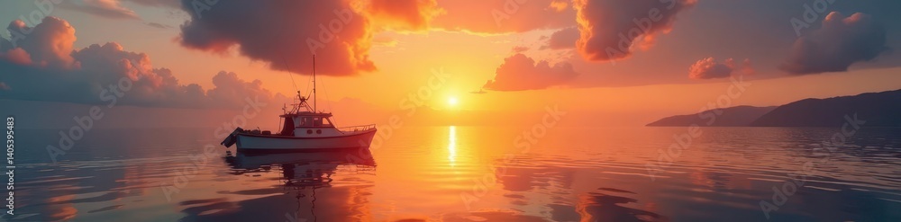 Small fishing boat at sunrise, tranquil waters, clouds, fishing Small fishing boat at sunrise, tranquil waters, clouds, fishing