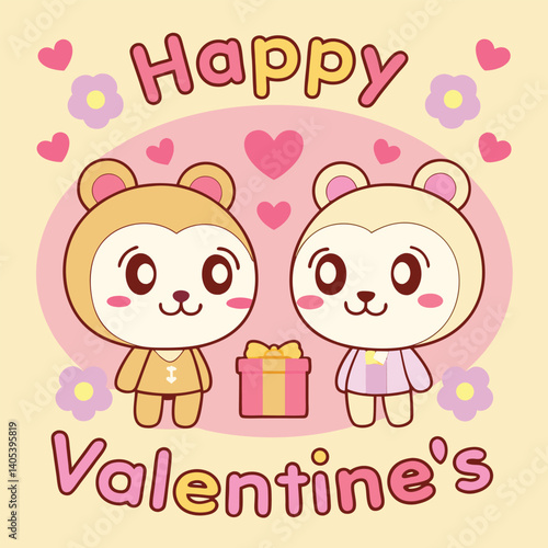 Cute animal couple exchanging a gift on Valentine's Day