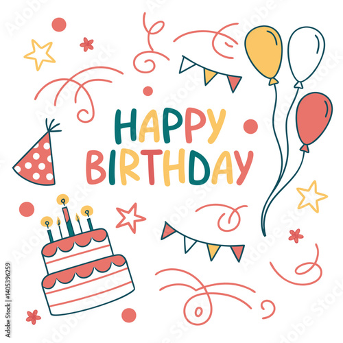 Happy Birthday celebration with cake, balloons, and party hat