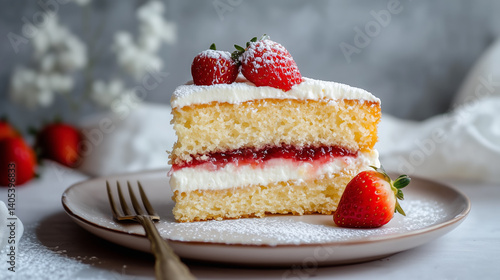 Victoria sponge cake slice with strawberry jam and whipped cream