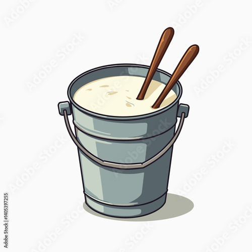 hand mixing creamy batter in metal bucket with wooden spoons