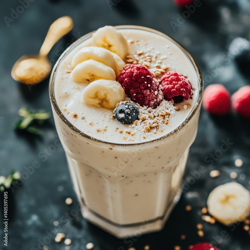 Creamy smoothie topped with fruit