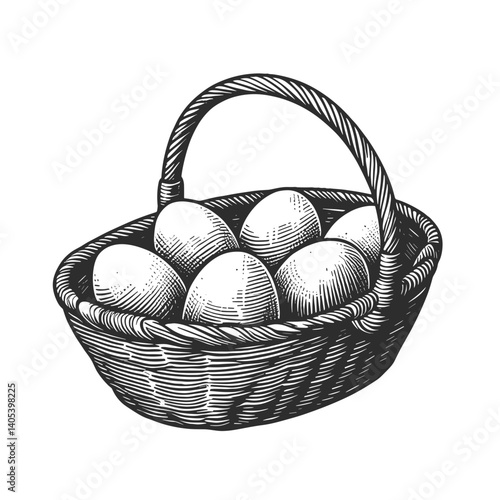 Vintage basket filled with eggs in detailed illustration  