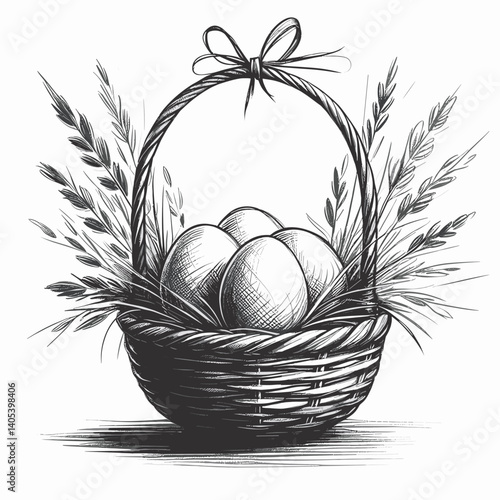 Hand-drawn basket of eggs with grass and foliage  