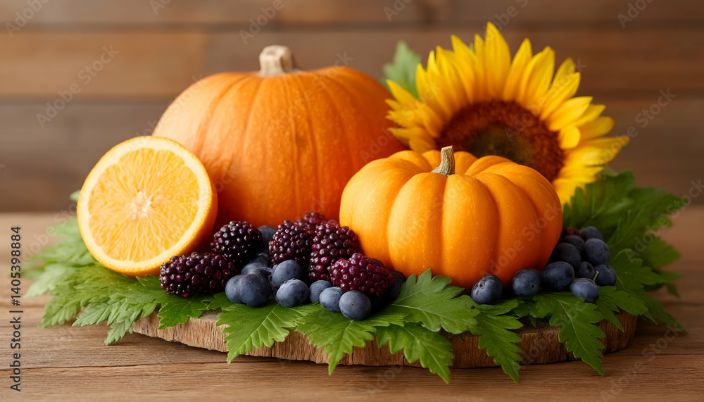 Autumn harvest display with pumpkins, sunflower, berries, and orange . Generative AI Autumn harvest display with pumpkins, sunflower, berries, and orange . Generative AI