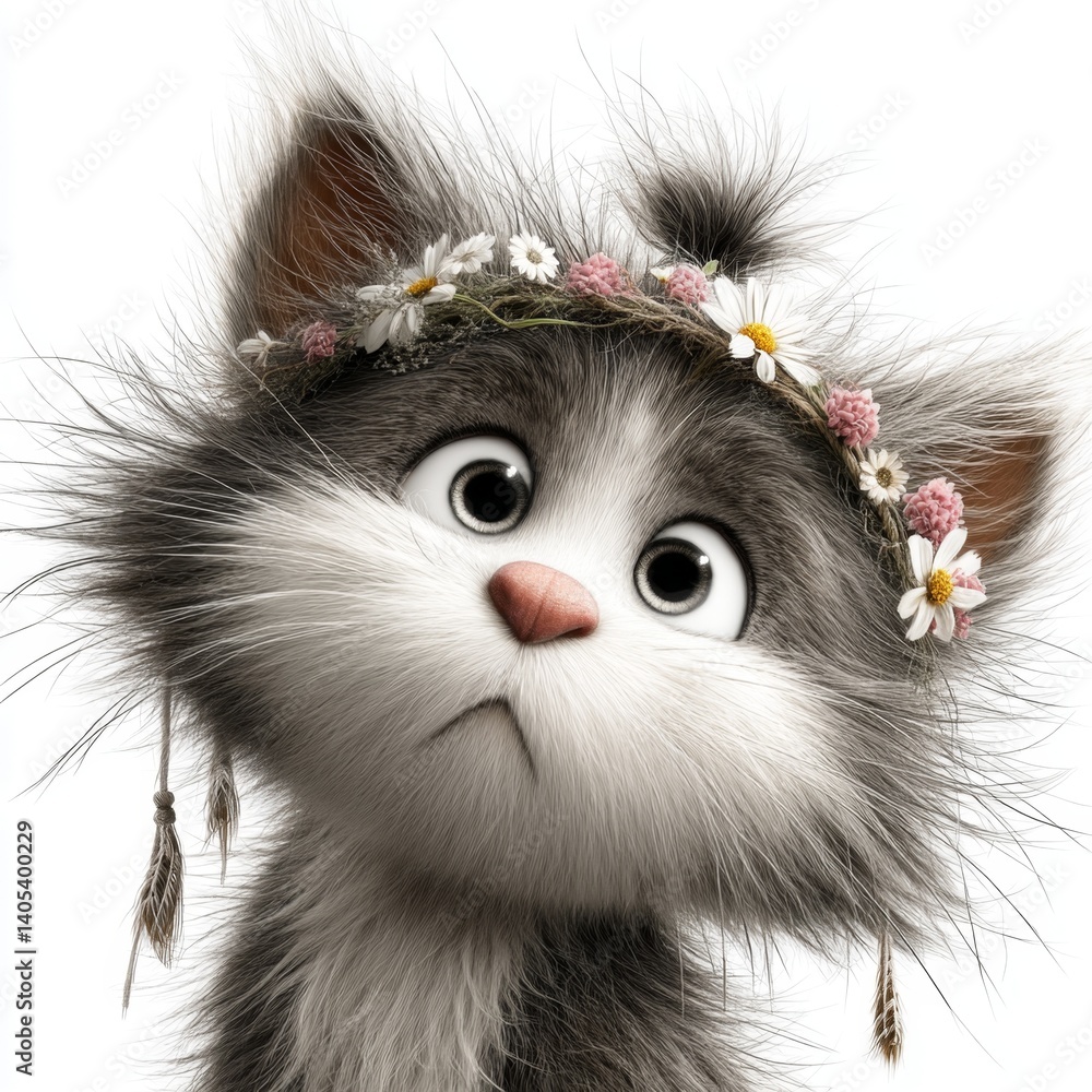 a gray and white cat with a flower crown on its head, set against a white background a gray and white cat with a flower crown on its head, set against a white background