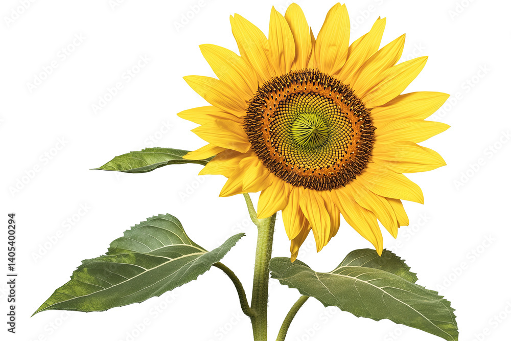 Fototapeta premium Vibrant sunflower blooms, golden petals radiating from the central disk. Green leaves complement the tall, slender stem