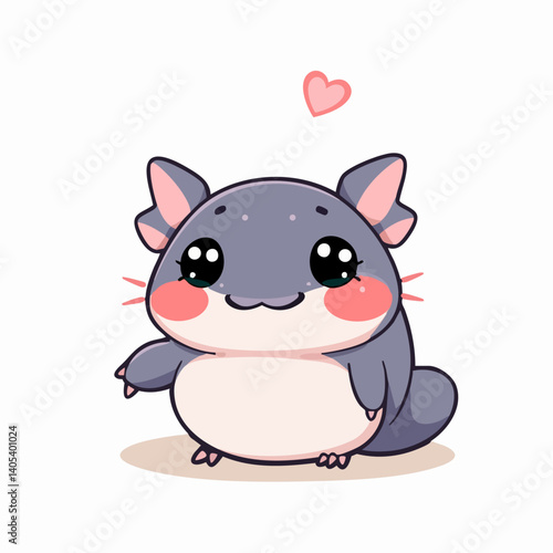 Cute cartoon baby chinchilla with heart and blushing cheeks on white background