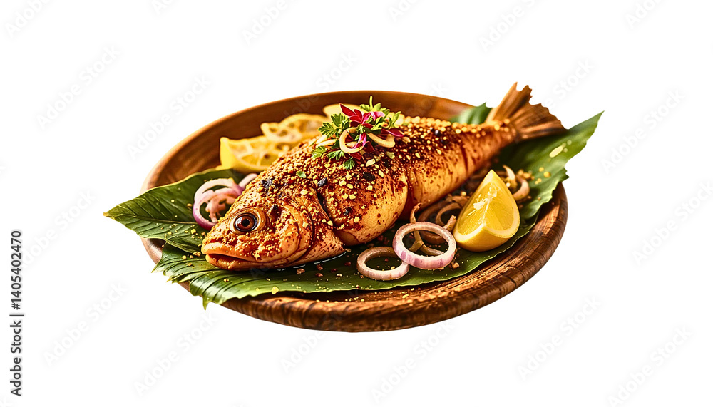 Grilled fish served with vegetables on a wood plate isolated on white background Grilled fish served with vegetables on a wood plate isolated on white background