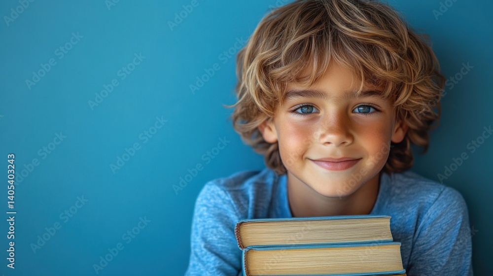 Young boy smiles while holding stacked books against a blue wall in a bright indoor setting Young boy smiles while holding stacked books against a blue wall in a bright indoor setting