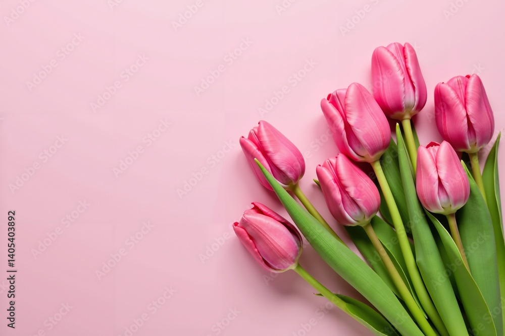 Fototapeta premium A warm, inviting flat lay arrangement of vibrant pink spring tulips, carefully arranged against a soft pink background.