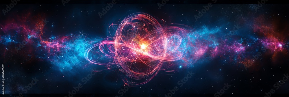 Obraz premium Explore mesmerizing quantum entanglement visuals with swirling neon-blue particles in cosmic space. Perfect for high-tech science projects, futuristic backgrounds, and abstract physics art. Vibrant an