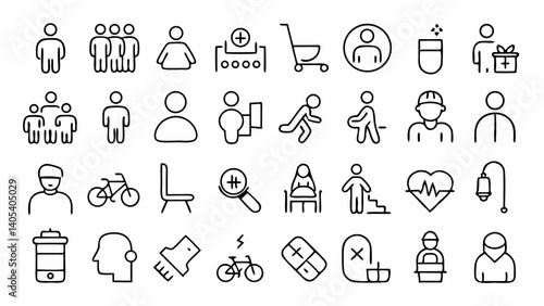 Disability support and awareness themed outline icons illustrating accessibility inclusion healthcare and assistive technology concepts