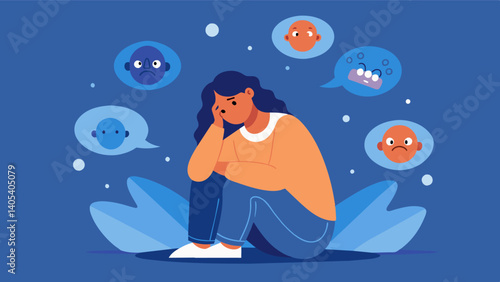 A person feeling overwhelmed and anxious by constantly being bombarded with images of the perfect body on social media leading to a negative impact on their mental health.. Vector illustration