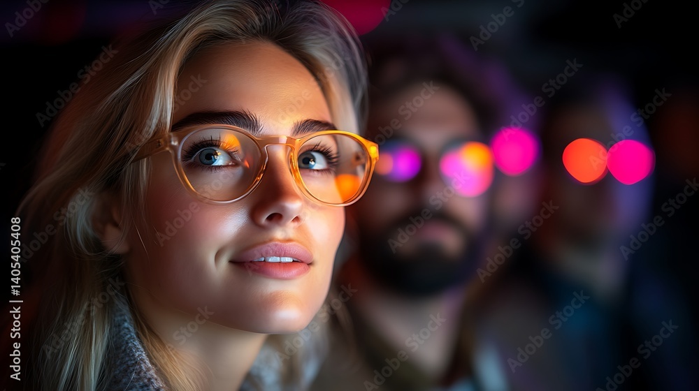 Woman with glasses looking up, men behind. Woman with glasses looking up, men behind.