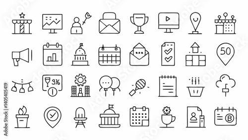 Professional-quality event planning outline icons designed to help you visualize services like catering, scheduling, location setup, and party themes in a modern way