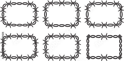 Barbed wire frame vector set sharp metal fence border design, dangerous prison security outline