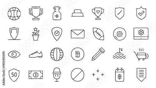 Enhance your sports visuals with football and soccer outline icons featuring detailed representations of players, trophies, game rules, and match-day elements
