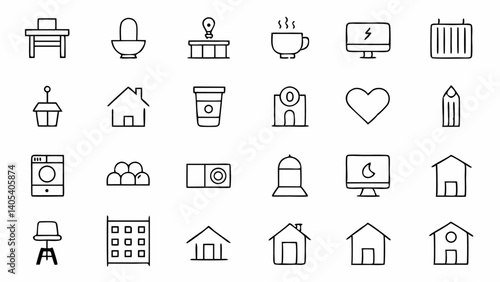 Download a stylish home interior icon pack in outline style, ideal for use in architectural layouts, smart home apps, furniture catalogs, or digital remodeling guides