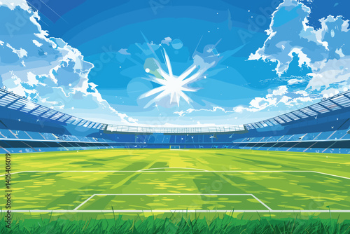 Football arena field with lights sun daytime vector design. Vector illustration