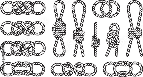 Rope knot vector set nautical marine rope tying techniques, sailing cord loops, climbing secure knots, black isolated illustrations