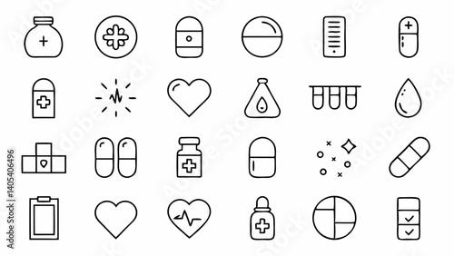 Clean and Modern Pharmaceutical Icons in a Minimal Outline Style for Medical Branding Digital Healthcare and Health Product Packaging