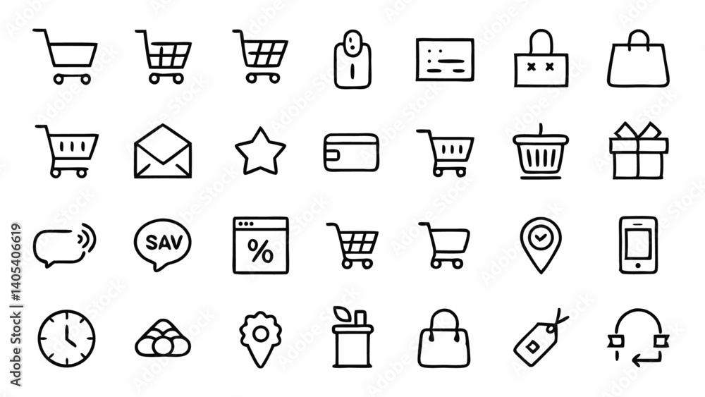 Clean Outline Icons Related to Shopping and Retail in a Stylish Linear Style Perfect for Online Stores and Consumer Product Design Clean Outline Icons Related to Shopping and Retail in a Stylish Linear Style Perfect for Online Stores and Consumer Product Design