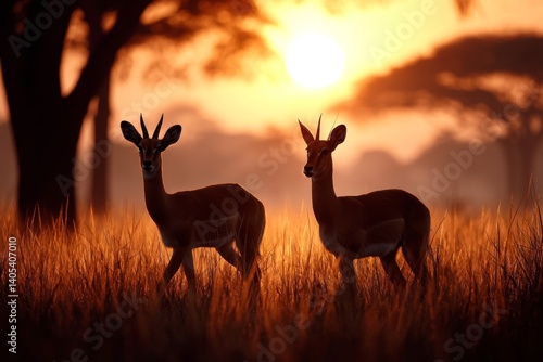  two impalas standing in tall grass at sunset, with trees in the background and the sun setting in the sky