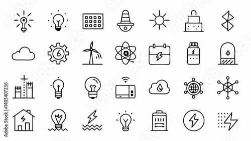 Energy and electricity themed line icon collection designed for modern web interfaces clean infographics and digital tools related to power systems and utilities