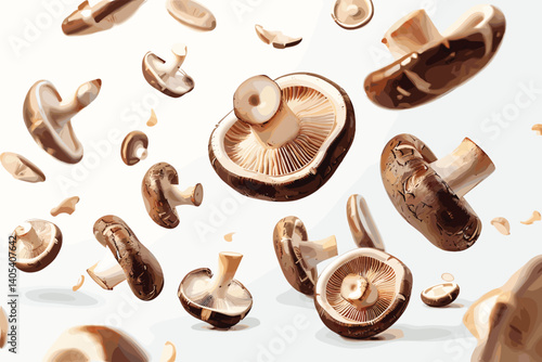 hand drawn mushrooms (champignon and oyster mushroom) in realistic style isolated on white - square seamless pattern. Raster illustration of whole and half brown mushrooms