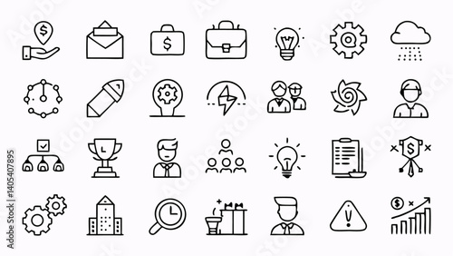 Comprehensive set of outline icons representing essential business concepts and elements ideal for corporate presentations digital platforms and print materials