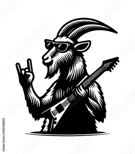 A goat rockstar playing guitar with cool expression in a rock concert stage