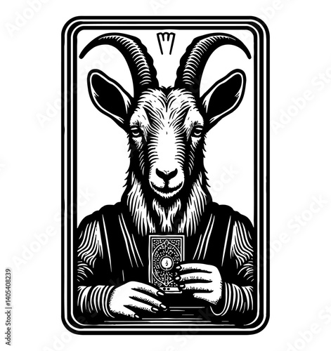 Cartoon goat with tarot cards, fortune telling with magic and mystical look