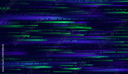 Glitch digital pixel noise with trendy VHS distortion, vibrant error vector for retro TV design.