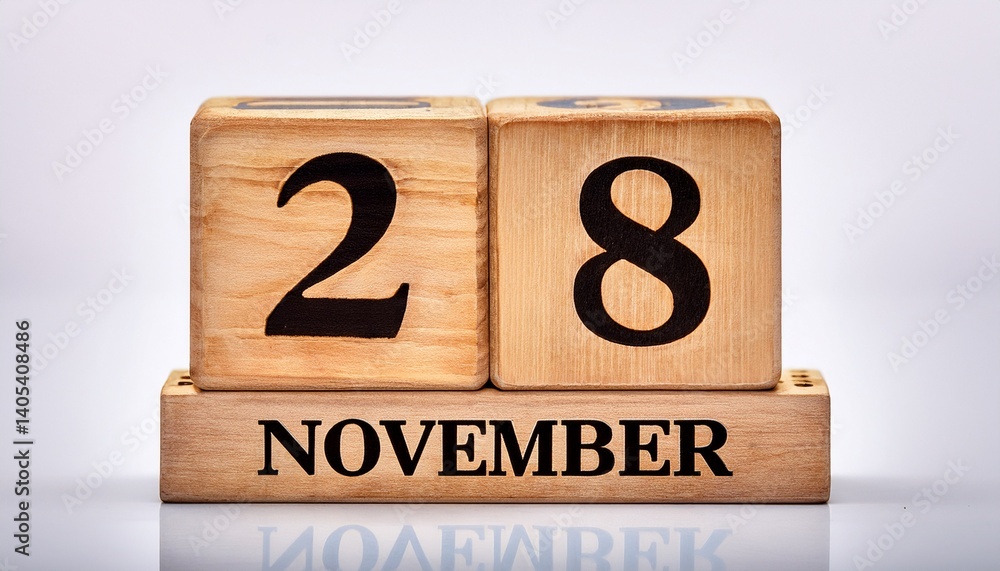 Minimalist photo of wooden blocks with date 28 November. Day and month, calendar on white background Minimalist photo of wooden blocks with date 28 November. Day and month, calendar on white background
