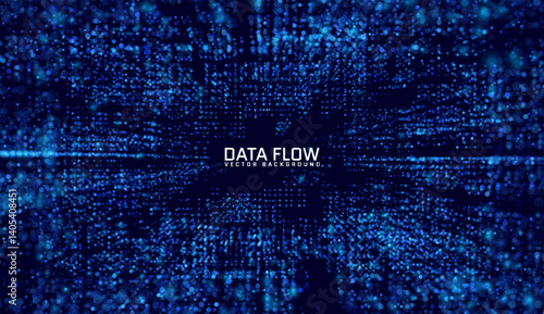 Futuristic 3D wireframe square tunnel with trendy big data grid, vibrant vector on blue backdrop.
