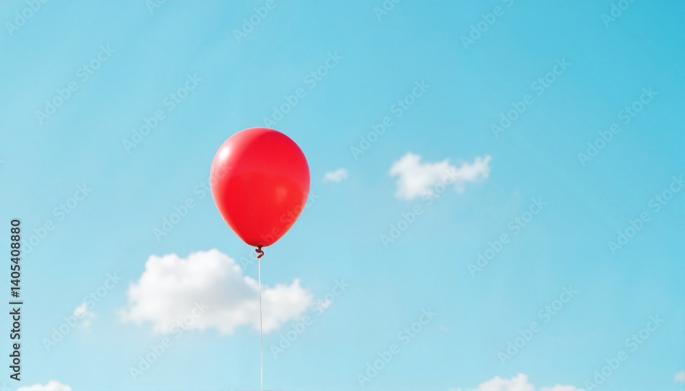 Fototapeta premium Red balloon floating in blue sky with clouds, joy of childhood