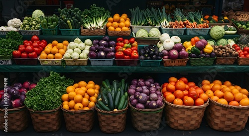 Big choice of fresh fruits and vegetables on market counter.